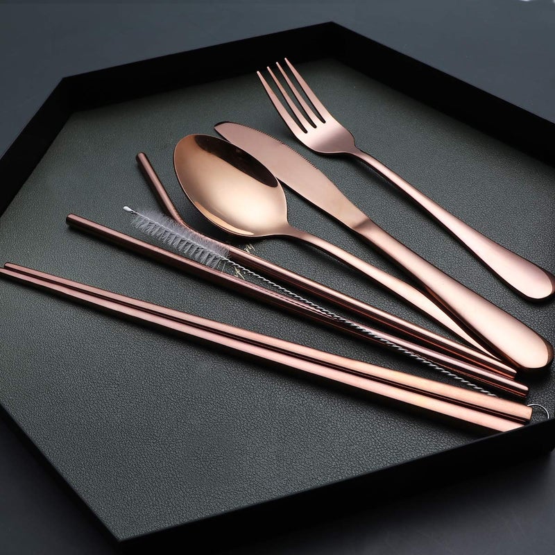 Topbooc Portable Stainless Steel Flatware Set, Travel Camping Cutlery Set, Portable Utensil Travel Silverware Dinnerware Set with a Waterproof Case (Rose God) - Image 3